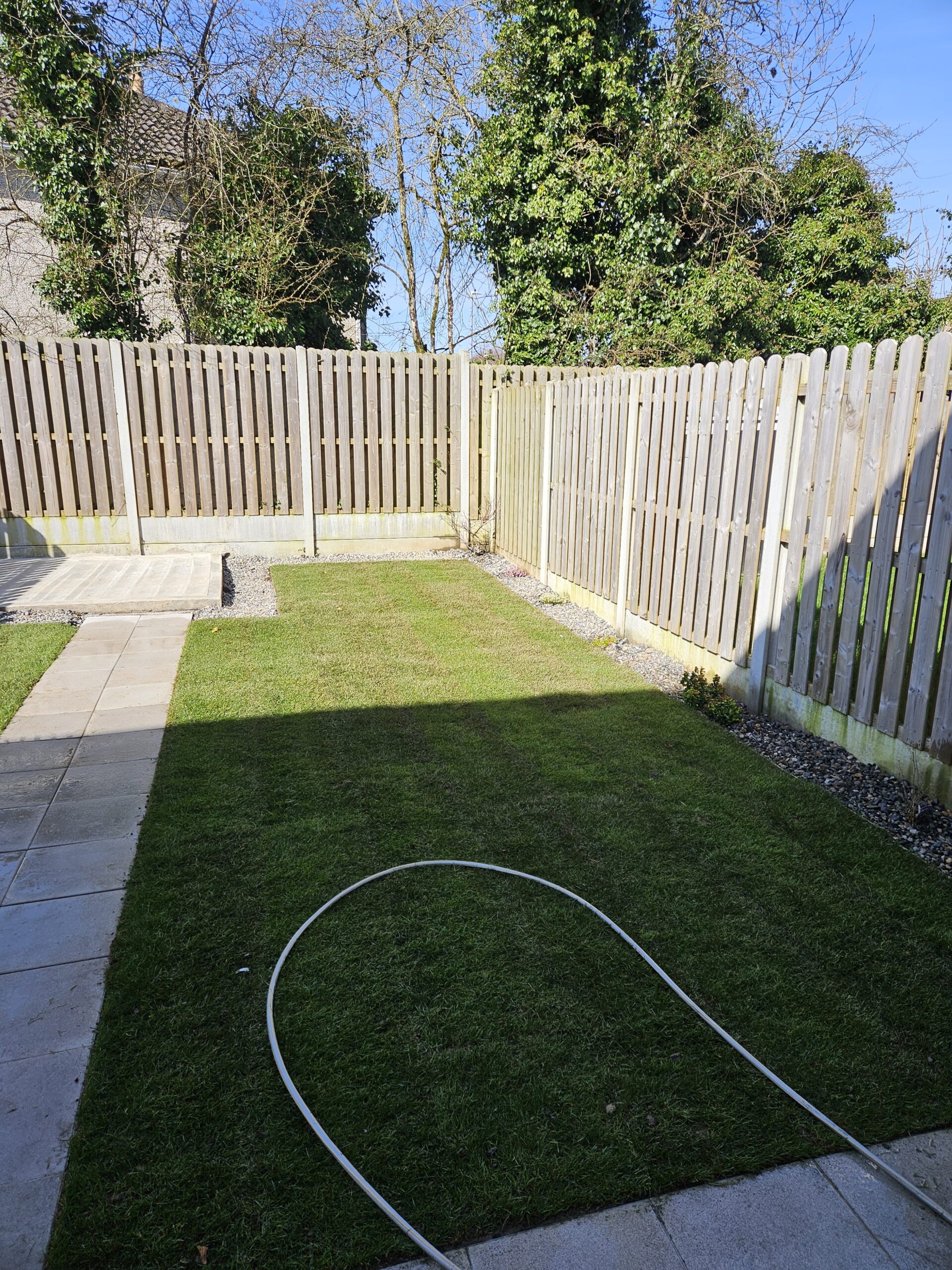 walkway and shed base installation with planted gravel border and new turf lawn